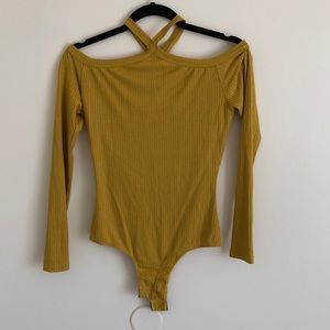 Mustard bodysuit high neck with cold shoulder